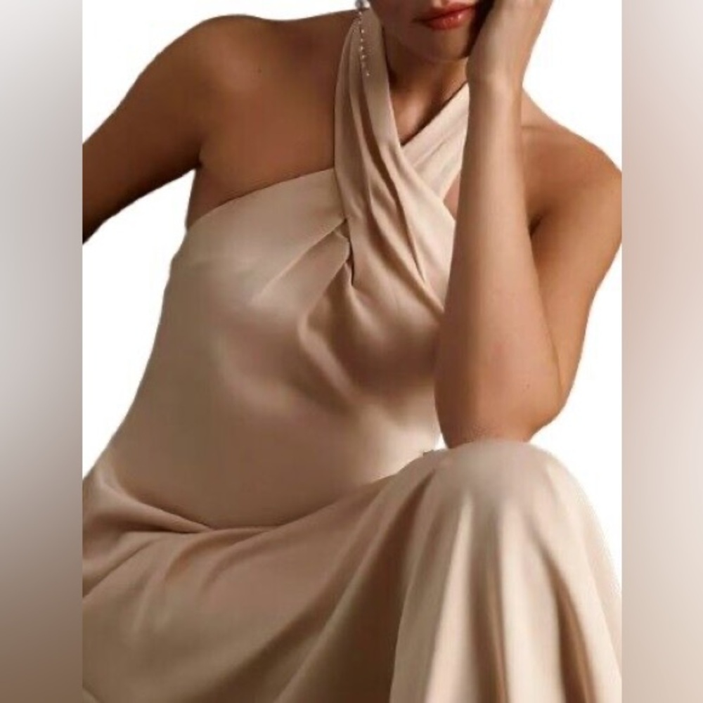 BHLDN Ruby Twist Halter Neck Satin Gown Bridesmaid Dress Champagne Nude Sz 8